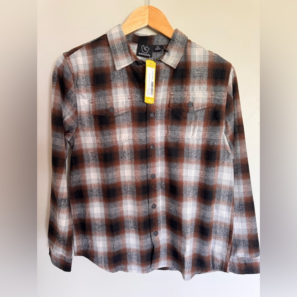 Burnside Brown Plaid Flannel Shirt Boy’s Size 14 Button Front Long Sleeve